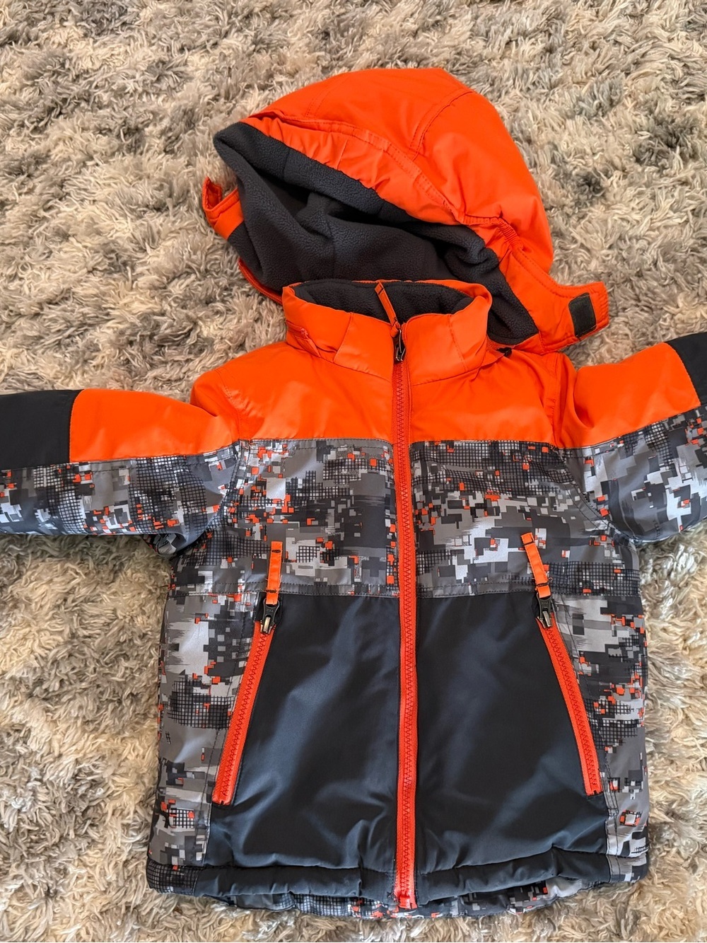 Snozu Orange and Gray Pixel  Kids winter jacket
